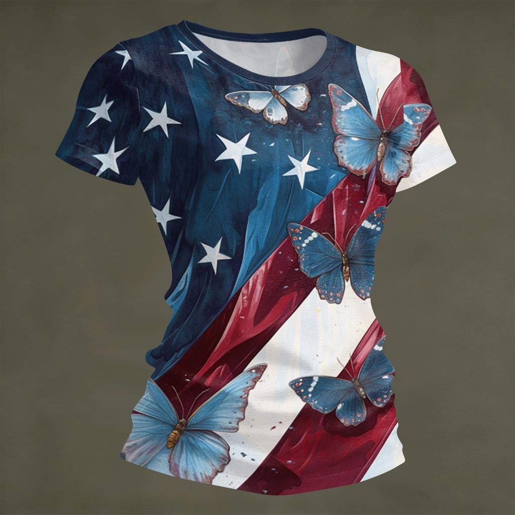 Women's Fashion Round Neck Independence Day Print Short Sleeve Loose Crewneck T-Shirt Top