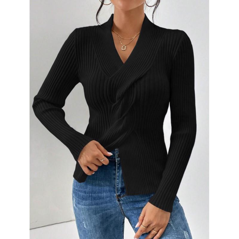 Womens Slim Fit Long Sleeve Knit Sweater V-Neck Solid Color Ribbed Hem Split Elegant Office Wear