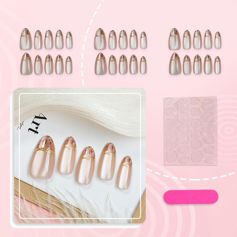 30-Piece Set of Hand-Painted Gold Line Cat Eye Press-On Nails - Advanced Whitening, Versatile Design