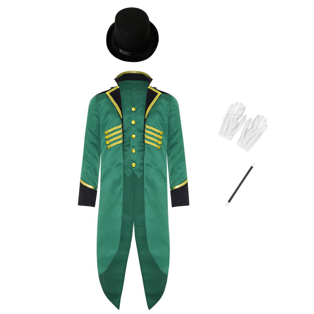 Dětský viktoriánský steampunkový kostýmový set Čtyřdílný smokingový frak s cylindrem, rukavicemi a kouzelnickou hůlkou Maškarní