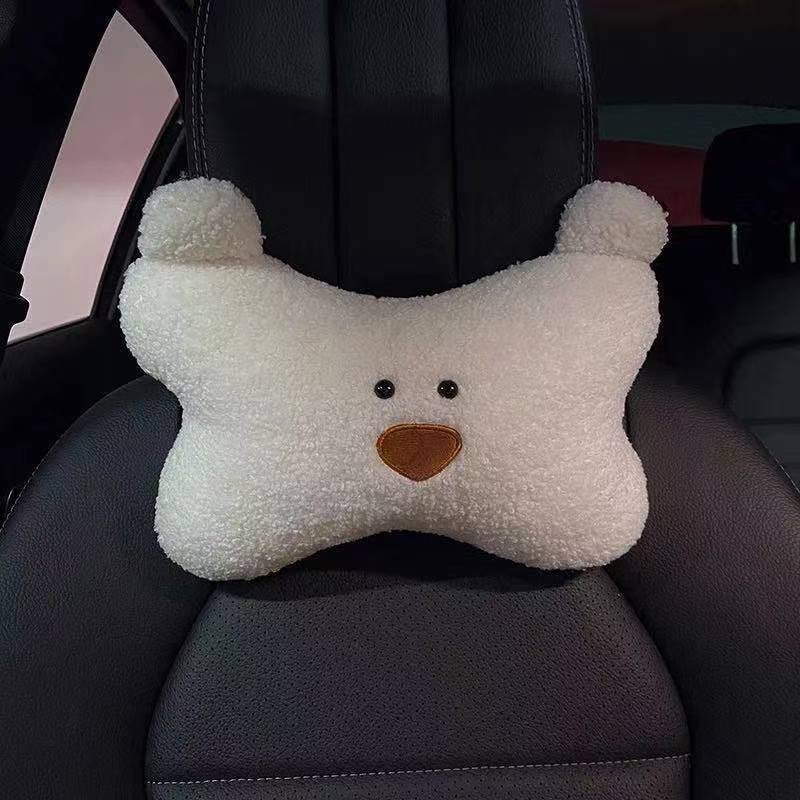 Comfortable Soft Pink Plush Car Headrest Lumbar Support Cartoon Bowknot Car Waist Neck Pillow Car Interior Decoration For Winter