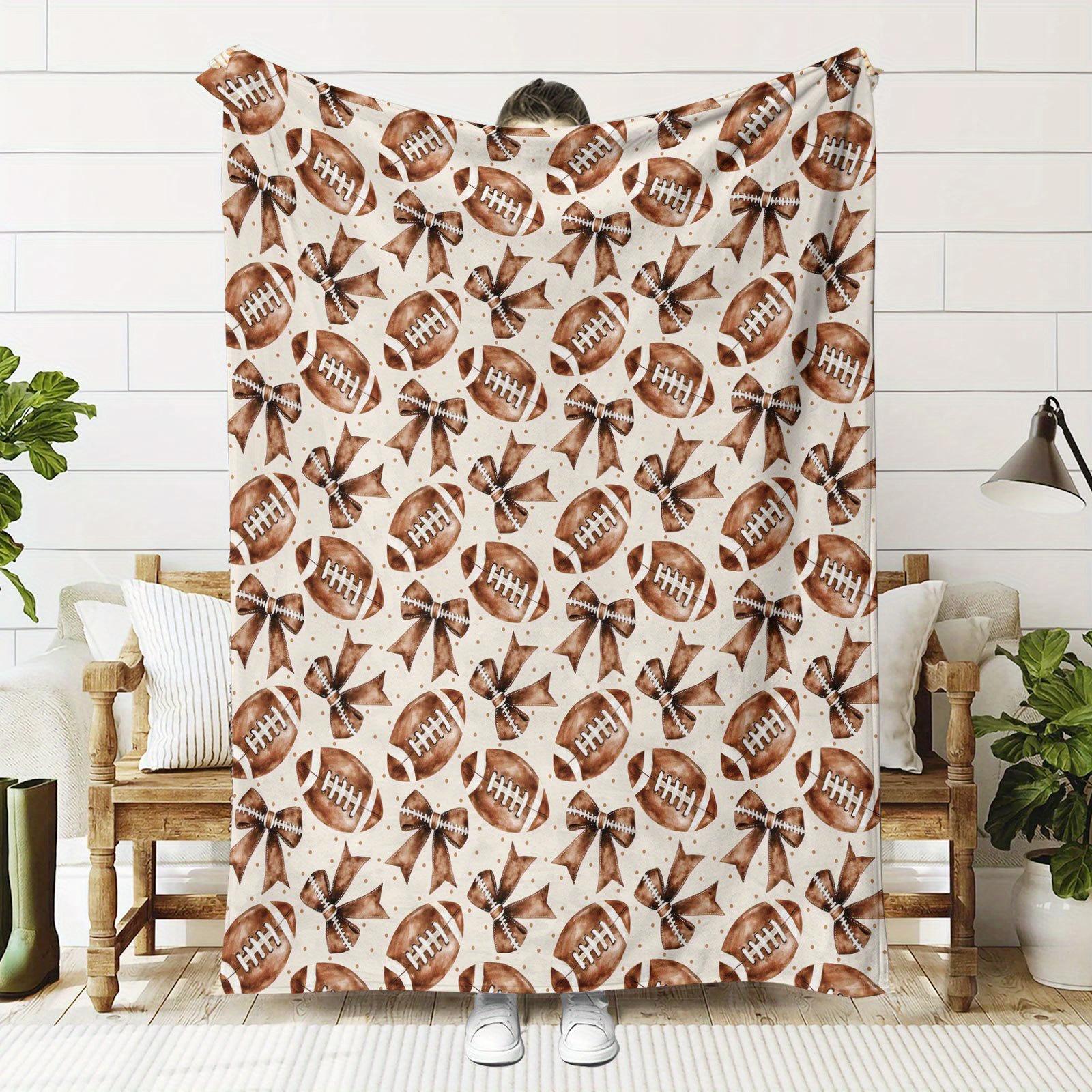 [1pc Cozy Flannel Throw Blanket] Cozy & Soft Football & Bow Pattern Flannel Throw Blanket - 1pc Light Beige with Brown & Black 75x90cm