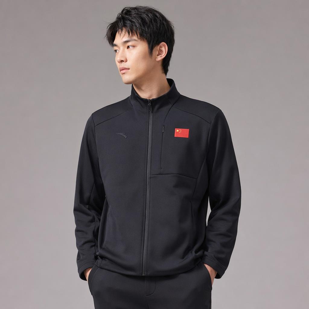 Anta Sports Lifestyle Series Solid Color Zipper Stand Collar Comfortable Breathable Versatile Casual Fleece Jacket Men jackets Basic-Black 452440105-2