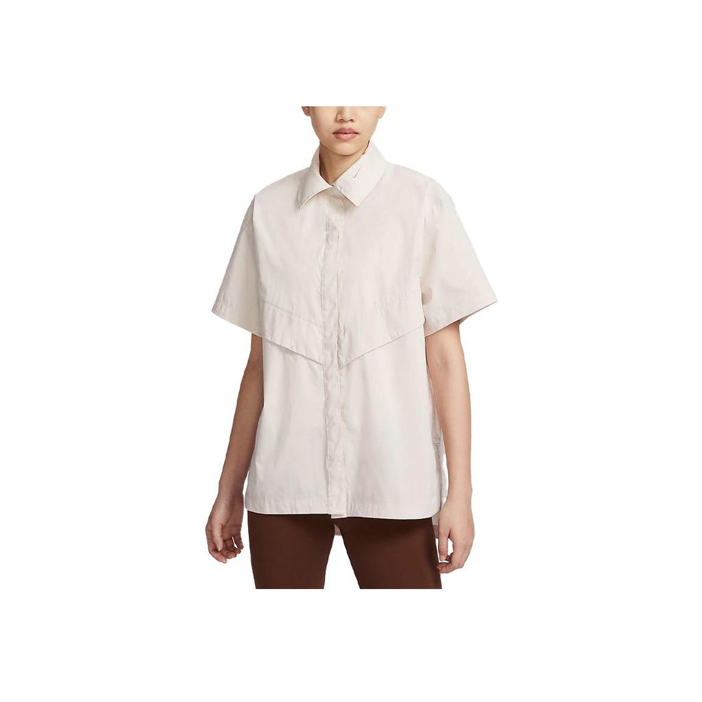 Nike Sportswear Collection Solid Color Woven Short Sleeve Shirt Women Tops Light-Redwood-Brown FB8293-104