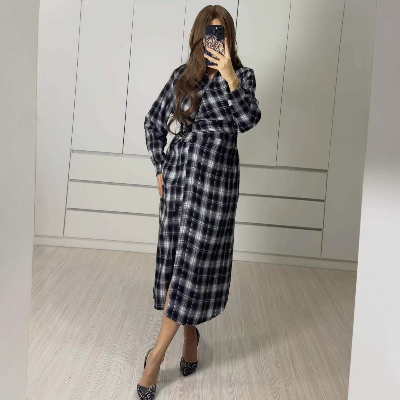 2026 Cross-border foreign trade women s clothing Amazon foreign trade shirt collar pastoral fresh literary plaid long-sleeved dress XS