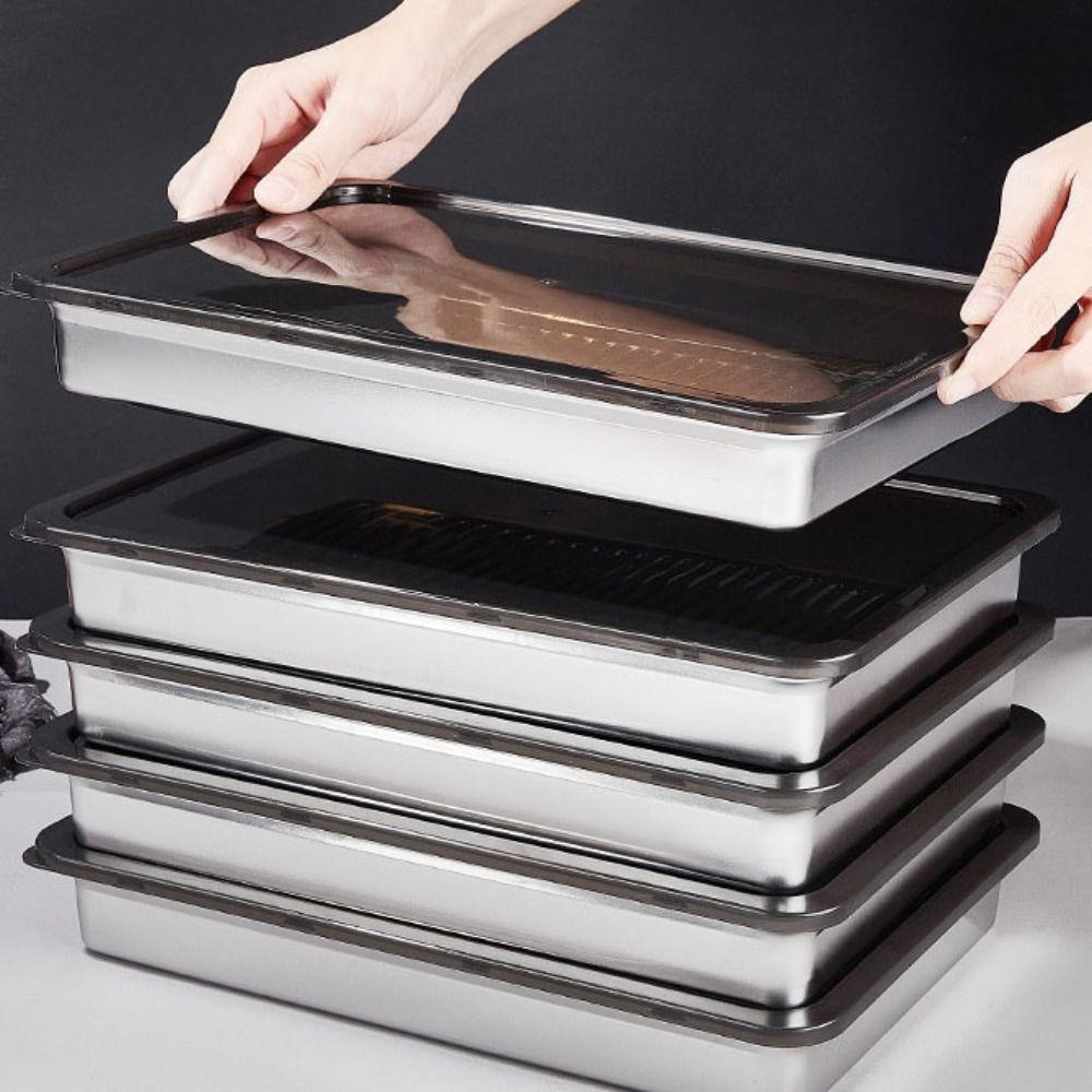 Stainless Steel Food Storage Tray with Plastic Lid Dumplings Box Prep Meal Tray  Refrigerator