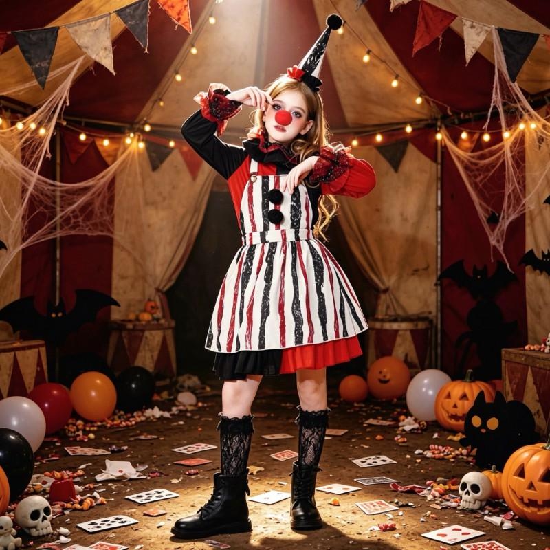 Kids Halloween Clown Costume Girls Circus Role Play Dress Set Carnival Party Outfit