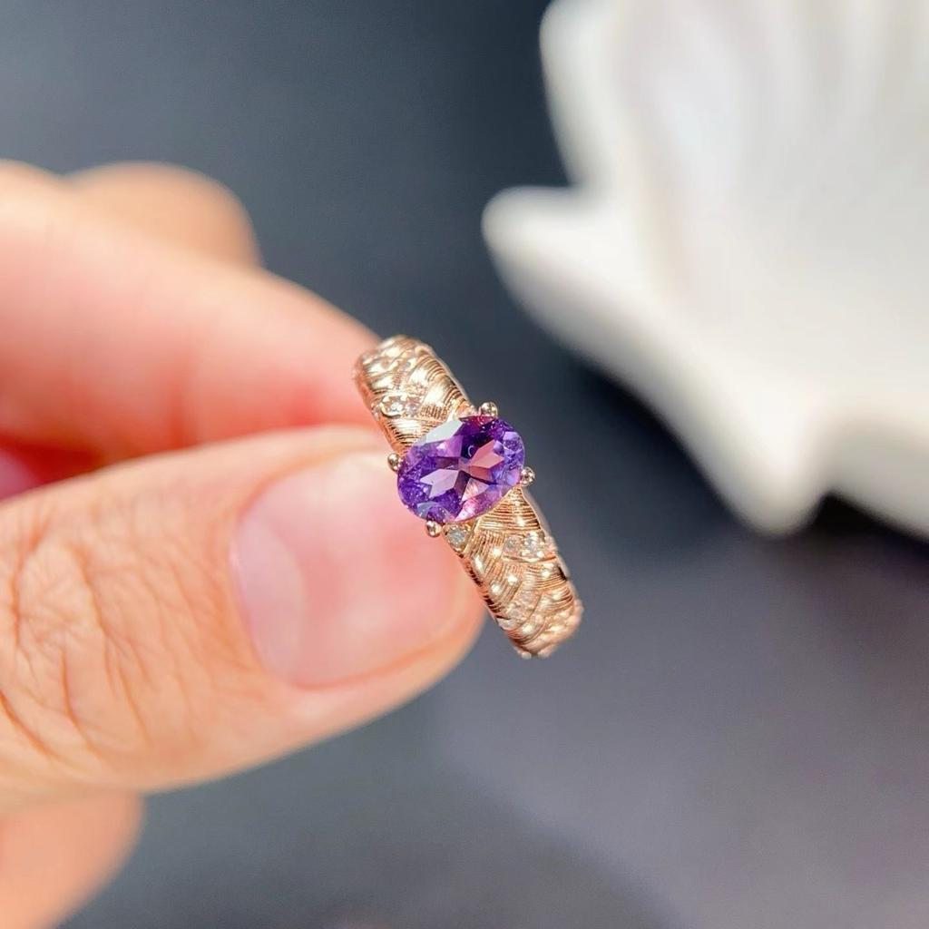 Purple Crystal  Copper Ring 5X7Mm 0.7Ct Natural Amethyst Ring With Jewelry Certificate Gold Plated Copper Amethyst Jewelry