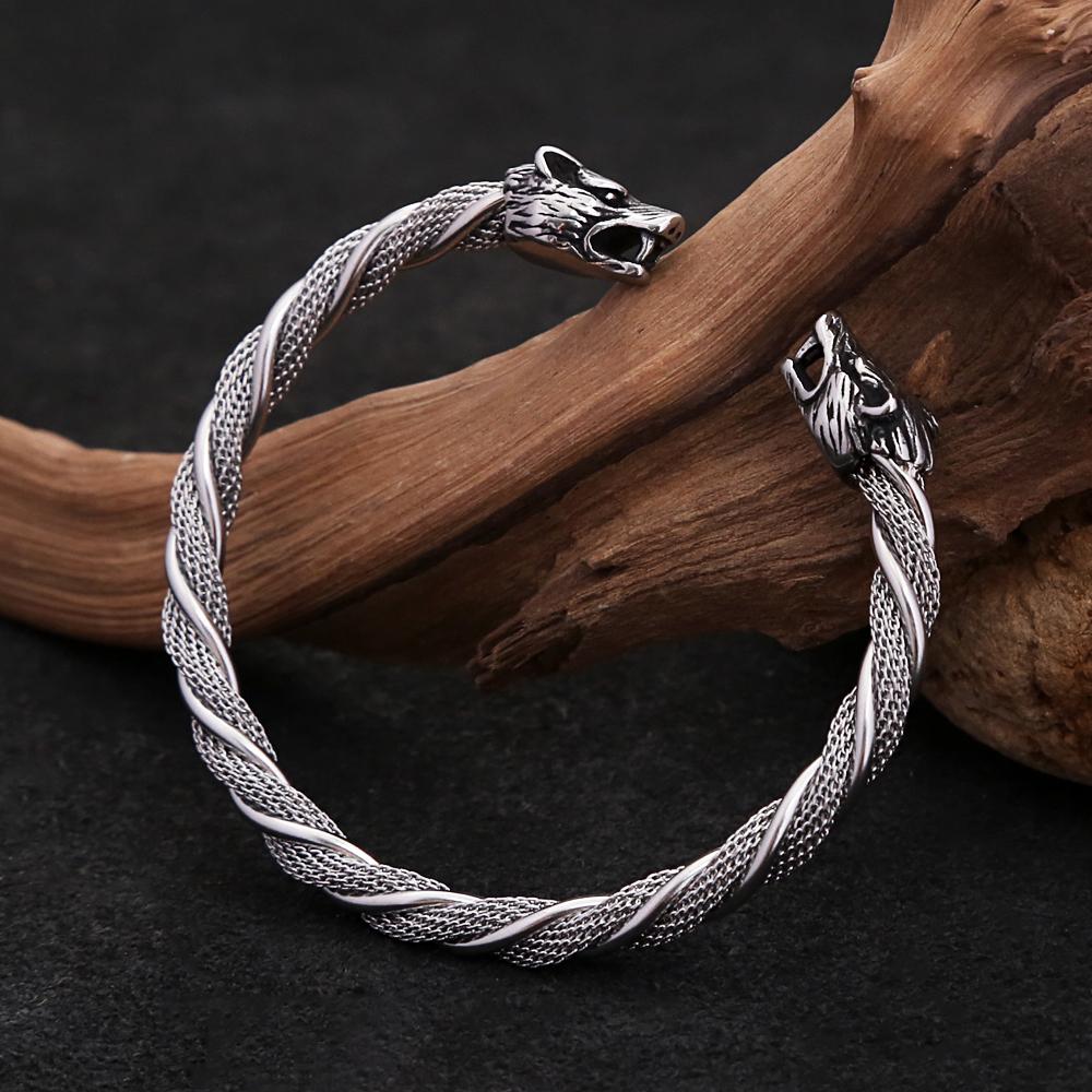 Vintage Viking Wolf Head Bracelet for Men Punk Hip Hop Stainless Steel Open Bracelet Fashion Jewelry Gift