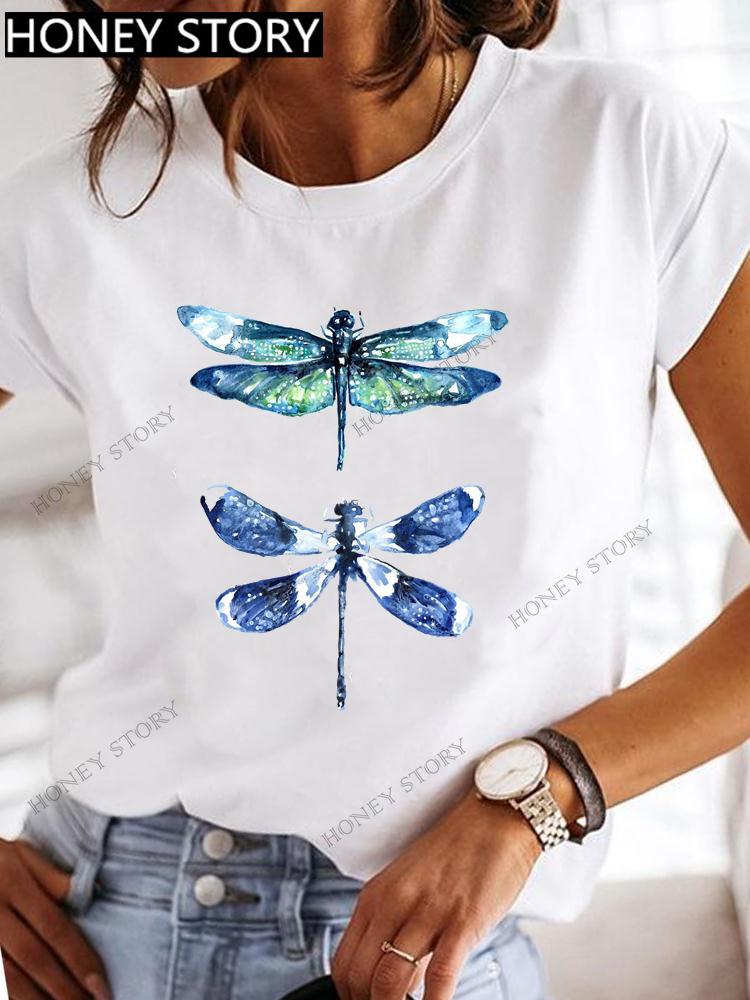 Dragonfly Butterfly Print Base Top Loose Women's Short-sleeved T-shirt Round Neck Oversized T Shirt  Women Clothes
