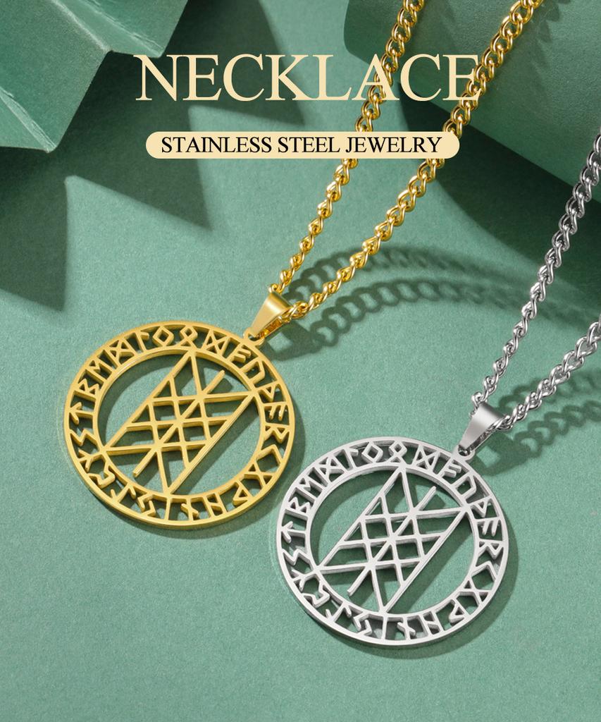 Dawapara Web of Wyrd Necklace Norse Mythology Nordic Symbol Pendant Runes Circle Protection Amulet Stainless Steel Jewelry