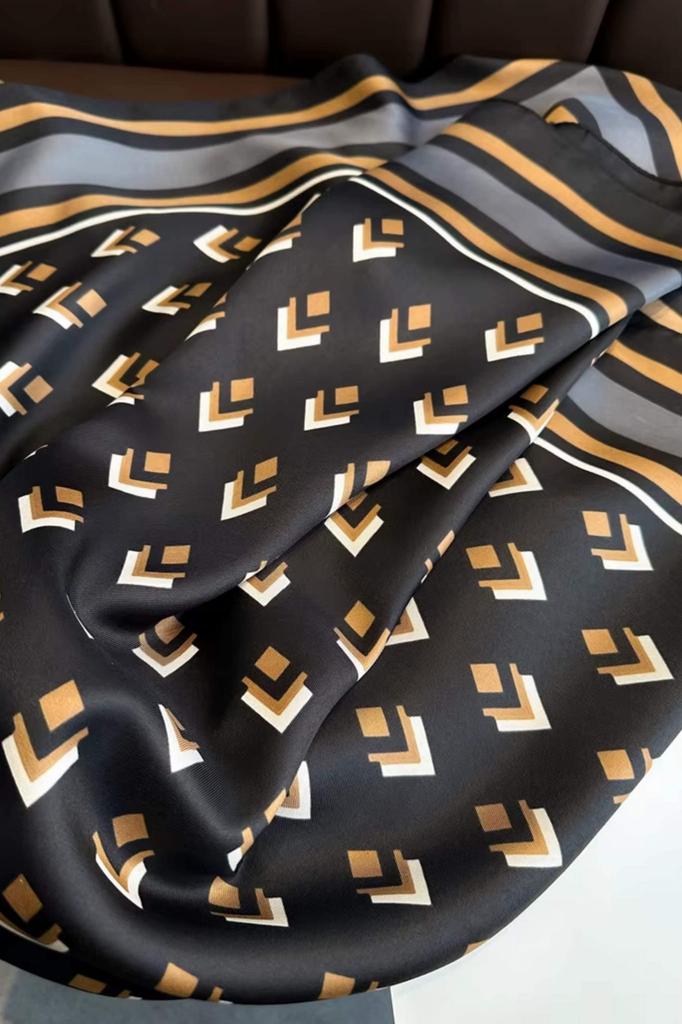 Black Scarf 90x90 with a Geometric Pattern in Shades of Beige and Caramel - Modern Elegance