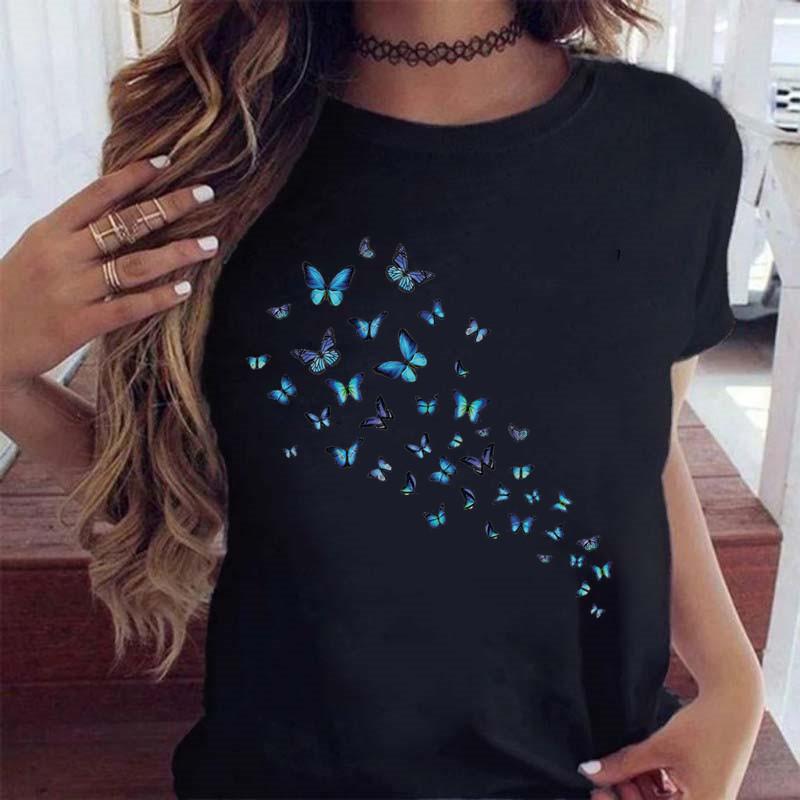 Women's Butterfly Tree Printed Harajuku Summer T-shirt Casual Round Neck Short Sleeve Top T-shirt Fashion Versatile Clothing