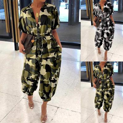 Leopard Jumpsuit Female Retro Female Short-Sleeved Button Casual Pants Loose