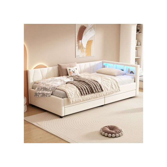 Canapé-lit - MUVOE - 90x200 Cm - Lin Beige - Éclairage LED - Port USB-C