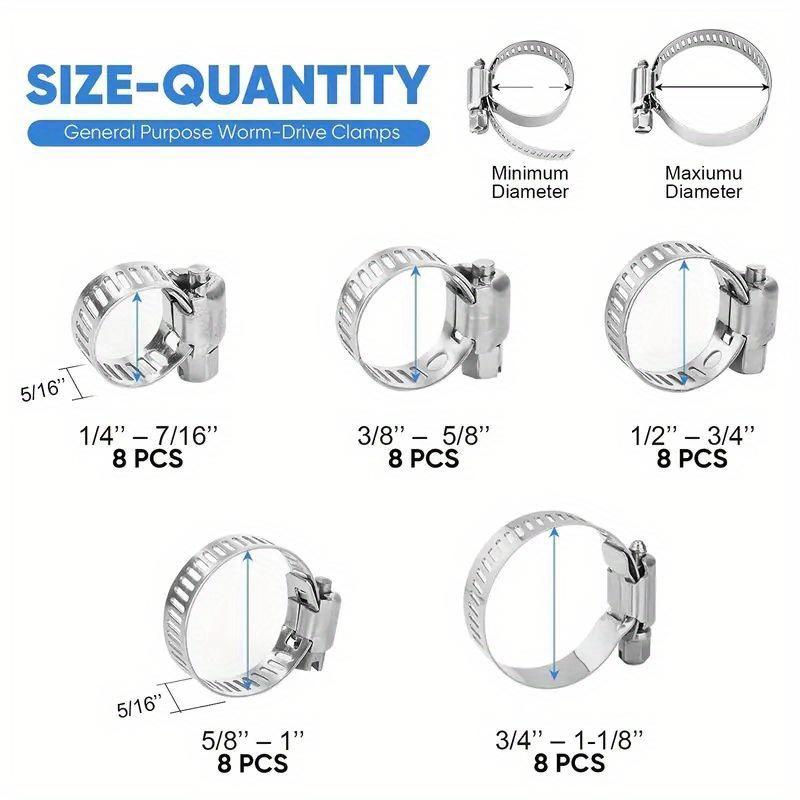 40-Piece Stainless Steel 1/4'' - 1-1/8'' Hose Clamp Set for Pipes, Intercoolers, Plumbing, Tubes & Fuel Lines