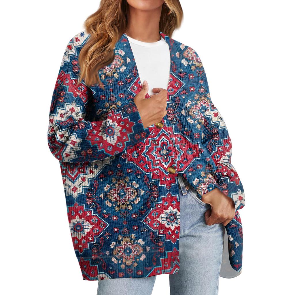 Women's Fashion Long Sleeve Print V-Neck Button Loose Cardigan Top