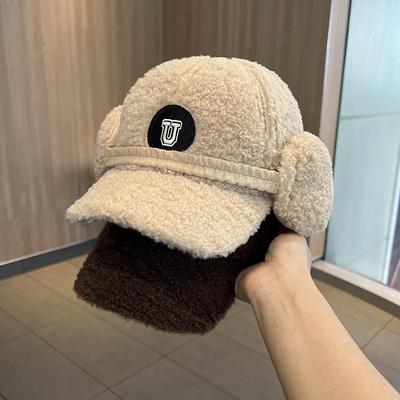 Versatile Letter Soft Top Plush Cap Lamb Wool Baseball Cap Women's Winter Thickened Warm Ear Hat