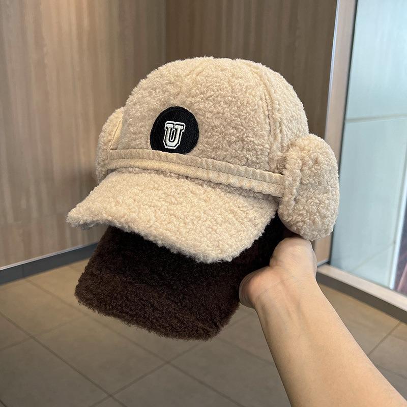 Versatile letter soft top plush cap lamb wool baseball cap women's winter thickened warm ear hat