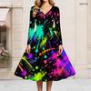 Women Plus Size V Neck Long Sleeve Rainbow Splash Printed Tie Waist A Line Midi Dress