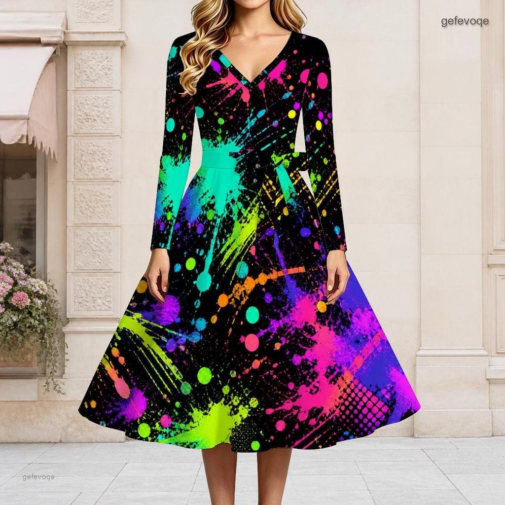 Women Plus Size V Neck Long Sleeve Rainbow Splash Printed Tie Waist A Line Midi Dress