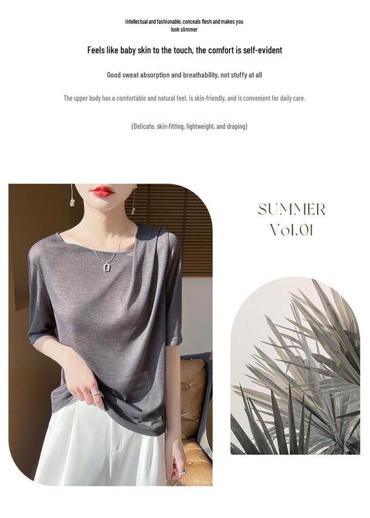 Women's Soft Tencel Round Neck Pullover: Short Sleeve, Pleated Top