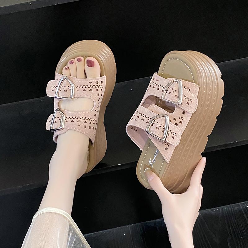 Fashion 8CM Summer Women Hollow Out Beach Slippers New Ladies Wedge Heels Leather Flip-Flops Woman High Platform Outside Sandals 2024