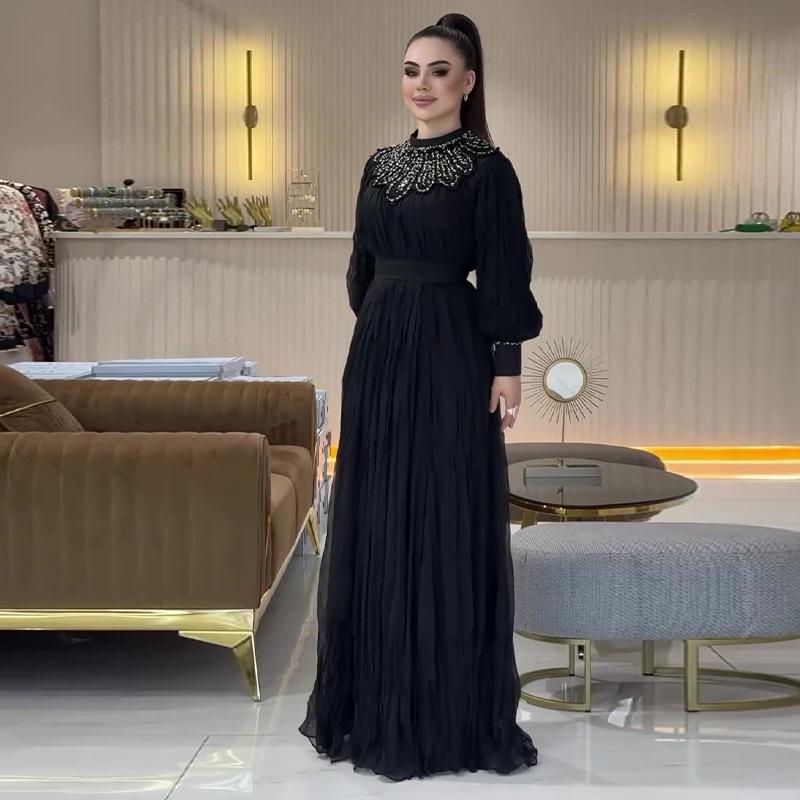 2024 Autumn European & American Hepburn Style High-end Rhinestone Long-sleeve Dress