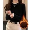 Women Autumn Winter Long-sleeve T-shirt Lady Thermal Underwear Girl Thick Velvet Fashion Lace Decoration Half Mock Neck Top