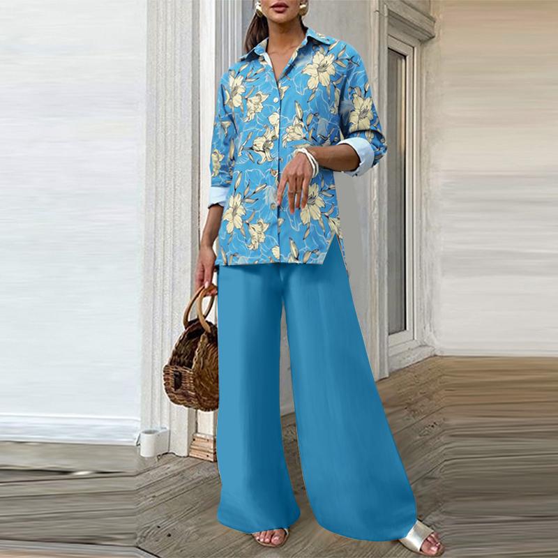 ZANZEA Women Long Sleeve Print Blouse and Pants Casual Two Piece Suit Sets