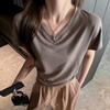 Summer Korean bat sleeves loose lazy wind front shoulder short-sleeved T-shirt women's solid color V-neck versatile casual bottoming shirt