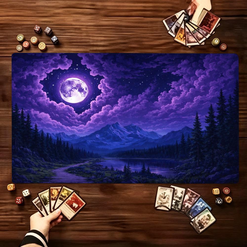 Neon Mountain Forest Moon Landscape Game Play Mat Smooth Thick Rubber Base For Card Tabletop Gaming And Computer Desk Setup