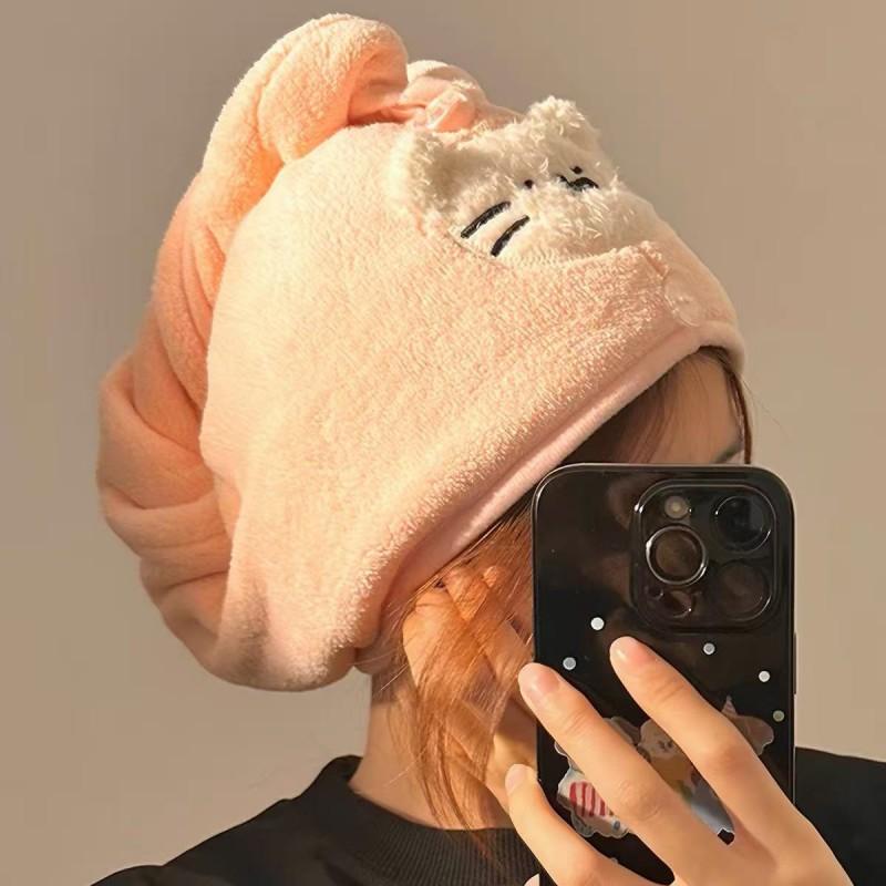 Soft Coral Fleece Hair Drying Cap Women With Cute Dog Quick Dry Absorbent Towel Hat