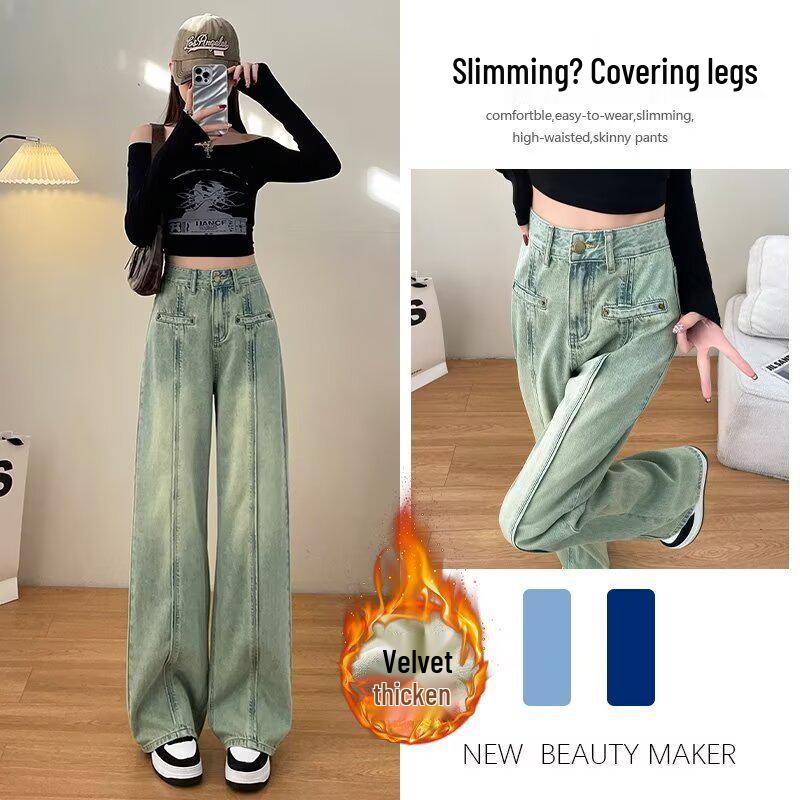

Women s High-Waisted Fleece-Lined Wide-Leg Jeans - Autumn/Winter Straight-Leg Pants for a Slimming Look S