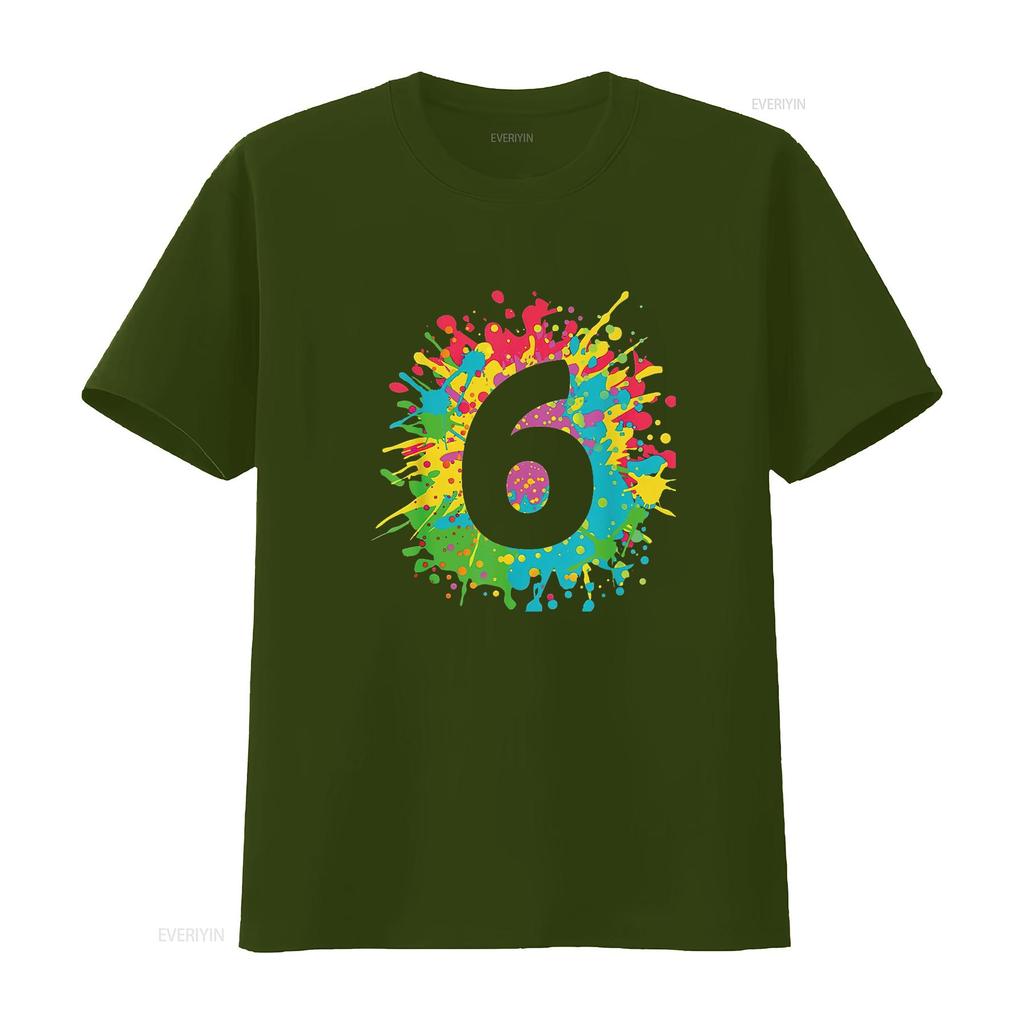 Womens 6Th Birthday T Shirt For Girls Boys 6 Paint Splashes Black 2XL Vintage Washed Graphic Comfortable Unisex Stretched