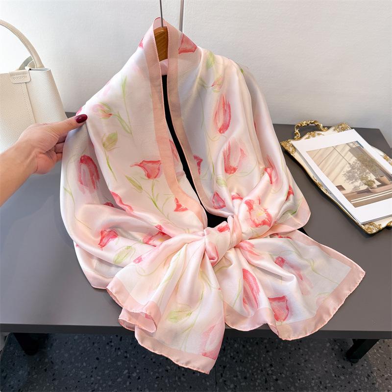 Fresh Flower Simulation Silk New Silk Satin Fashion Sunscreen Spring And Summer Style Silk Scarf Long Scarf Shawl Versatile Headscarf Scarf