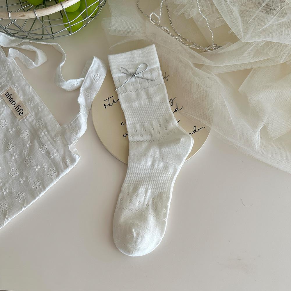 Schoolgirl Leather Bowknot Calf Socks Seamless Cotton Slouchy Pile Sock Thin Spring-Summer Casual  Hollow Design Mid-Calf Socks