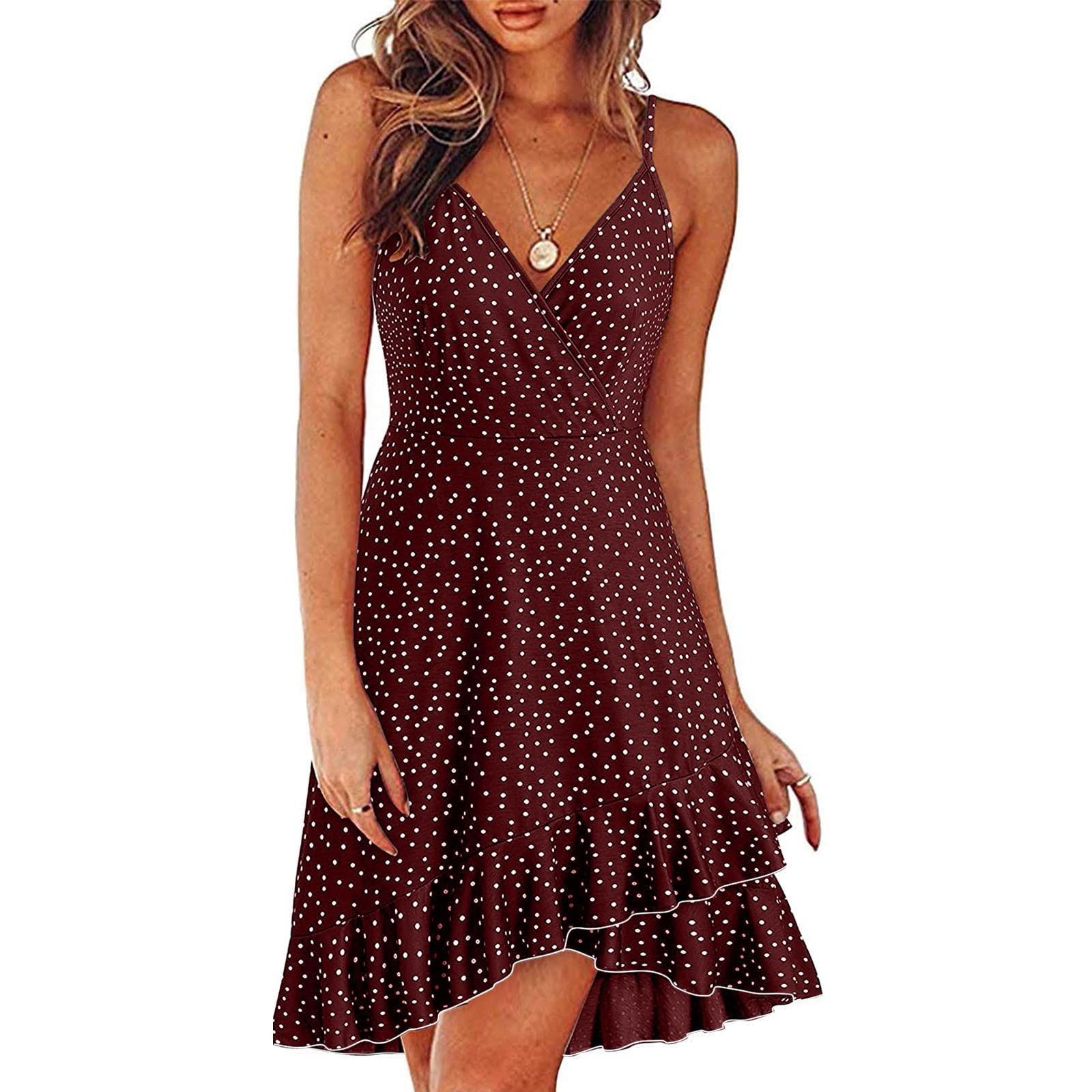 

Женское тонкое платье на бретельках с рюшами и регулируемой пряжкой в ​​горошек XXL винный