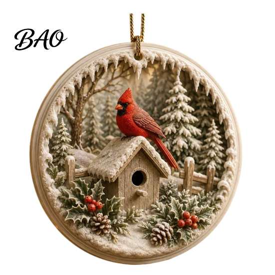 Christmas Party Supplies Acrylic Red Bird Ornament, Snow Scene Pattern Xmas Tree Lightweight Decor Hanging Decor, Retro Round Pendant for Winter