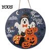 Seasonal Window Display Sign Halloween Boo Wood Door Hanger with Cute Ghost Black Hat Pumpkin Print, Front Creative Holiday Party Decor Porch