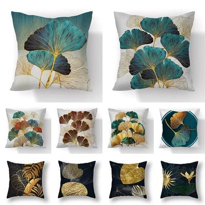 Fronha para Almofada Folhas de Ginkgo Capa Decorativa para Almofada de Casa Fronha de Poliéster Dourado Impressa Fronha para Almofada de Carro Sofá Decoração de Casa 45*45