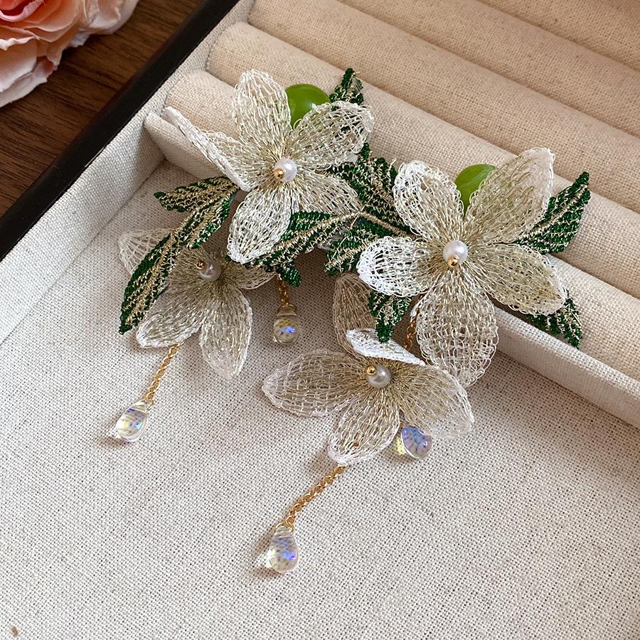 

Holiday style silver needle pearl flower fringed earrings sweet small fresh temperament stud earrings niche high-end earrings women