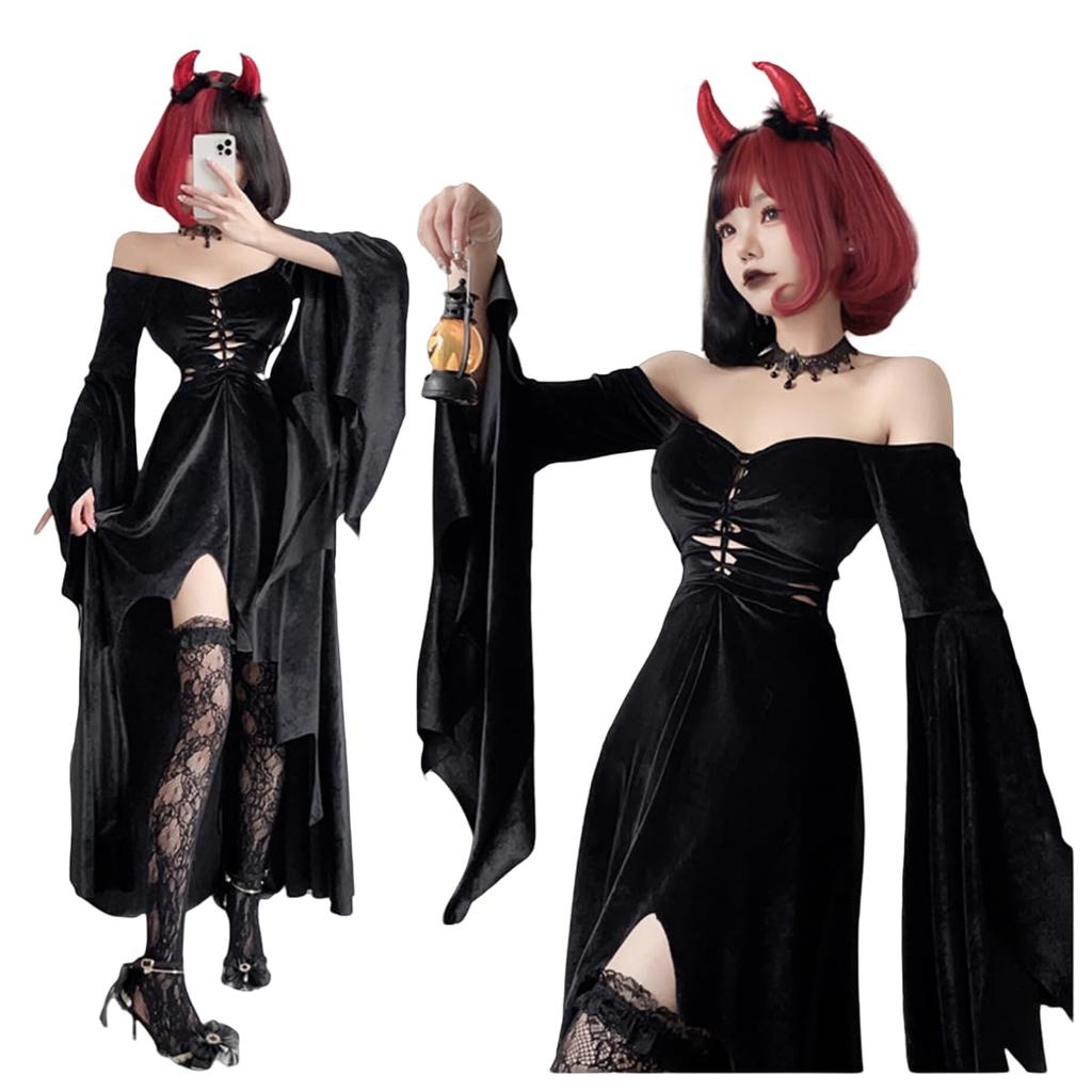 JUNDOMECY Sexy Black Witch Cosplay Costume for and Wizard Plus Includes Long and Knee Perfect for Halloween Stage School Cultural and Recitals