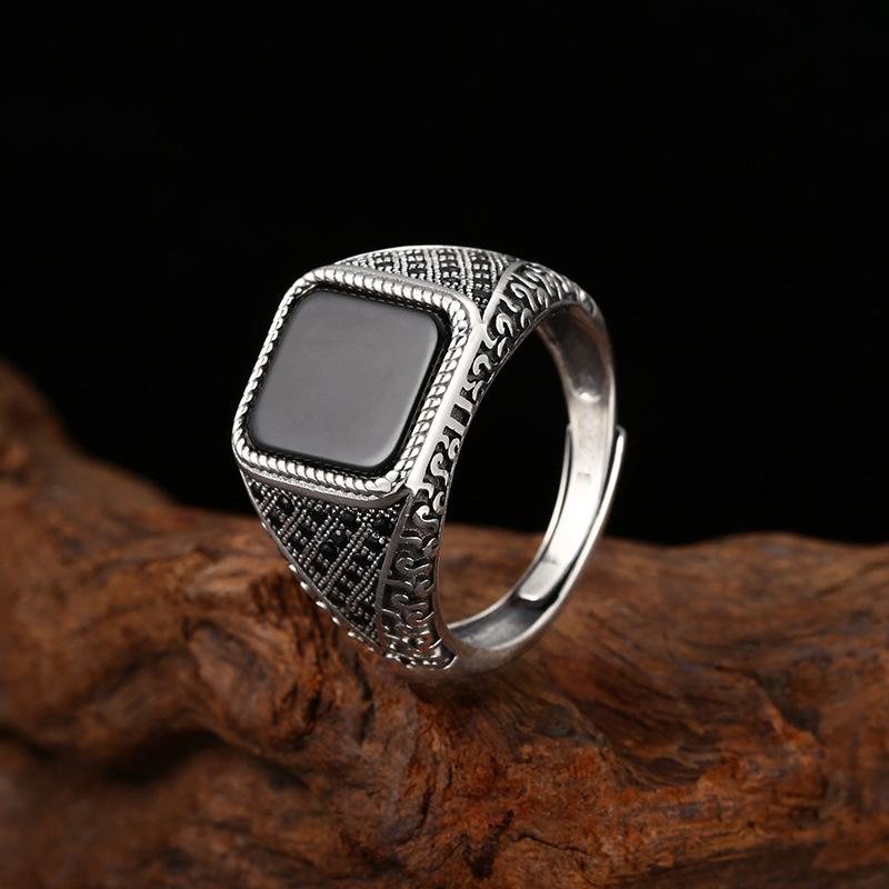 2026 Fine Pattern Ring Men's Woven Pattern Black Zircon Ring Opening Adjustable Retro Jewelry