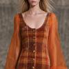 Vintage Plaid Long Sleeve Maxi Dress High Waist Slim Fit U Neck Lantern