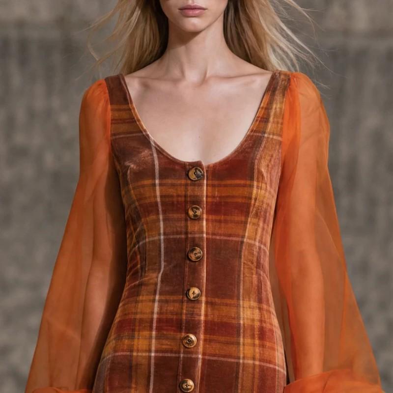 Vintage Plaid Long Sleeve Maxi Dress High Waist Slim Fit U Neck Lantern