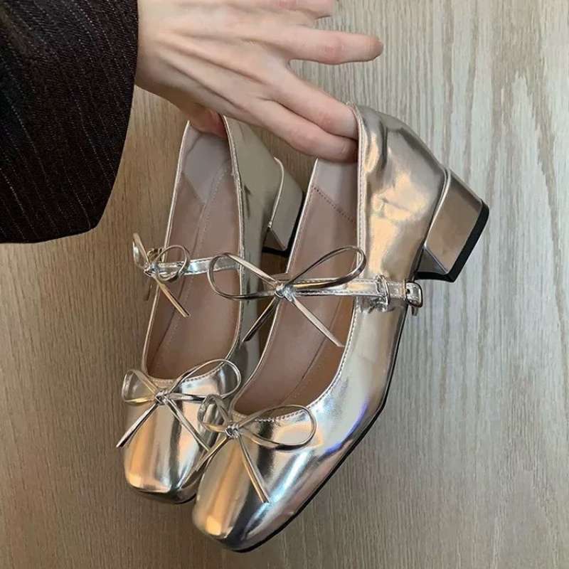 Silver light mouth ballet style thick heel single shoes women's 2025 new summer skirt French square head Mary Jane shoes