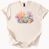 Colorful Coral Reef Ocean Scene Graphic with Sea Shells and Tropical Marine Life Soft Nature Inspired Beach T Shirt Ocean Lover Gift