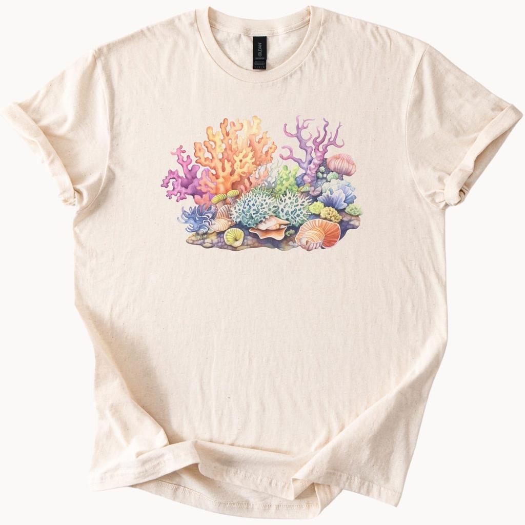 Colorful Coral Reef Ocean Scene Graphic with Sea Shells and Tropical Marine Life Soft Nature Inspired Beach T Shirt Ocean Lover Gift