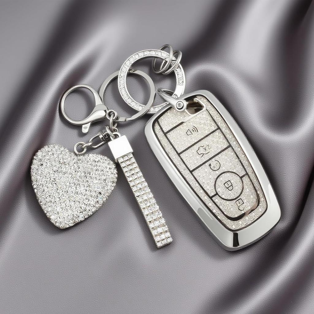 Key Fob Cover with Diamond Bling Keychain for Women, Compatible with Ford Fusion Escape Expedition Explorer Edge F150 F250 F350 etc, TPU Key Case and